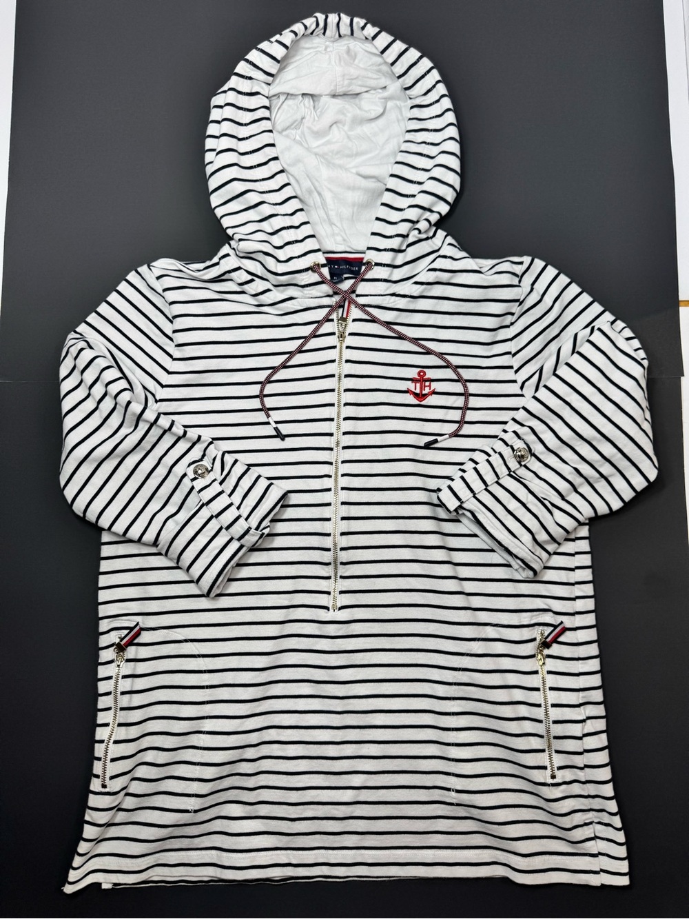 Woman Tommy Hilfiger size M Striped Hooded Pullover with Anchor Detail